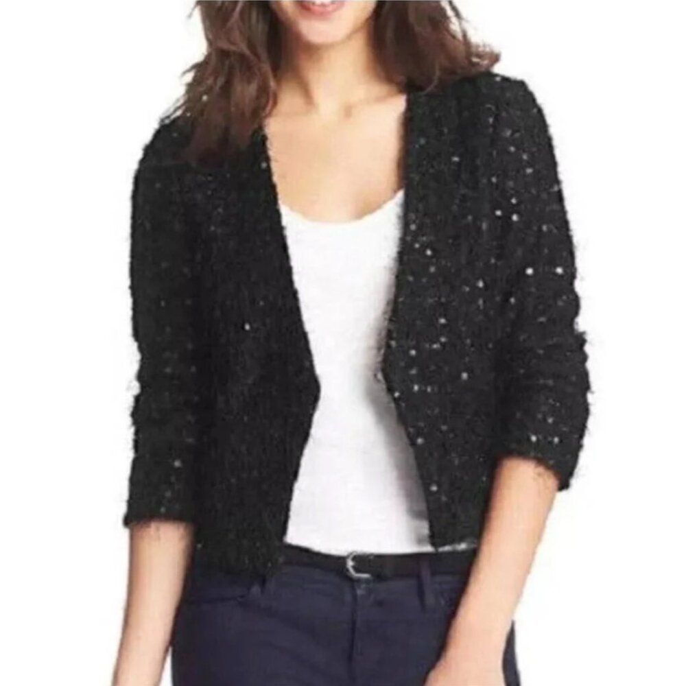 Loft Black Eyelash Sequined Long Sleeve Open Front Women's Blazer Size 8